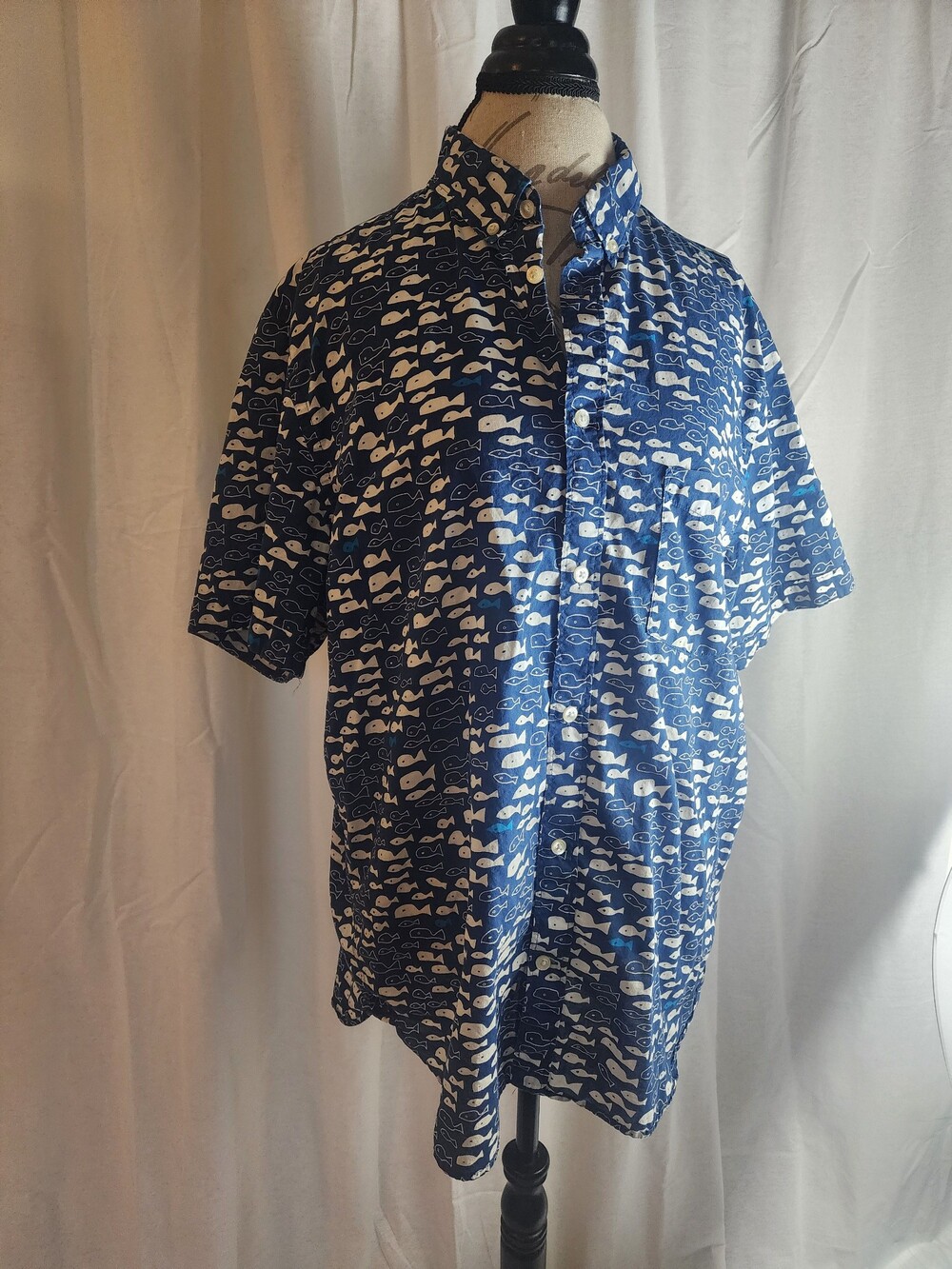 H&M Blue; White Fish Print Button-Down Shirt Medium Regular Fit